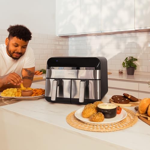 Fritadeira de ar digital cecotec 9l cecofry advance 9000 inox. 2800w, 2 baldes de 4,5l, temperatura dupla, temperatura ajustável de 80-200ºc, 7 programas, painel de toque multifuncional