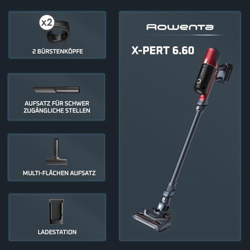 X-Pert 6.60 Animal Akkustaubsauger, 100W Leistung, 45 Min Laufzeit, kabellos & beutellos, LED-Düse, herausnehmbarer Akku, inkl. Fugendüse, Wandhalterung und Tierhaarbürste, rot/schwarz, RH6878