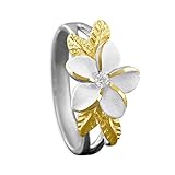 Sterling Silver 14kt Yellow Gold Plated Accents Hawaiian Plumeria w/ Maile Leaf CZ Ring