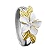 Sterling Silver 14kt Yellow Gold Plated Accents Hawaiian Plumeria w/ Maile Leaf CZ Ring