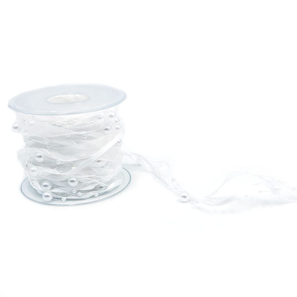 ANCLLO 10M Artificial Bead Ribbon Chiffon Ribbon and Organza Lace Ribbon Trims for Wedding Flower Christmas Tree Decoration Sewing Craft Packaging-White โ image 1