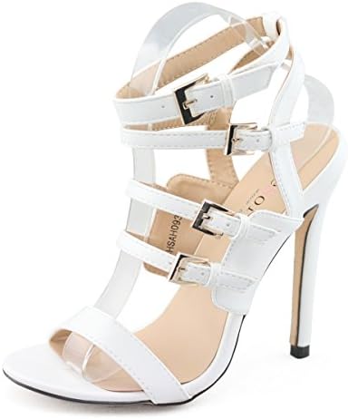 SHOEZY Women's Strappy Stiletto Heel Sandals Ankle Buckle Strap Shoes White US 9