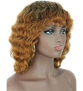 Brinbea 100% Remy Human Hair Wig with Hair Bangs Ombre Black to Light Brown Body Wave Human Hair ...