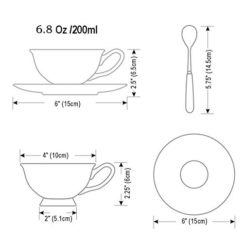 Panbado 3Pcs Bone China Tea Cup and Saucer Set with Spoon, 200 ml/6.8 oz, Golden Grid - Thumbnail 3
