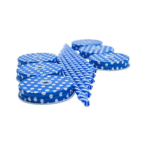 Amazing Set Of 6 Lids & 6 Straws For Regular Mouth Mason Jar Glasses, 6-Pack Decorative Colored Polka-Dot Metal Lid With Straw Holes & Striped Plastic Straw Set (Blue)