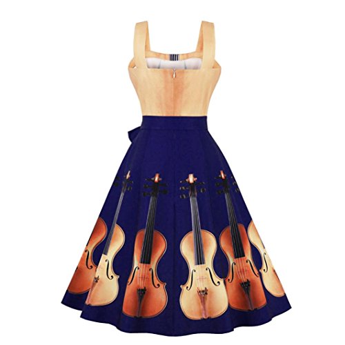 Alixyz Women 1950s Vintage Dress O-Neck Zipper Cello Printed Sleeveless A-Line Swing Dress (L, Yellow)