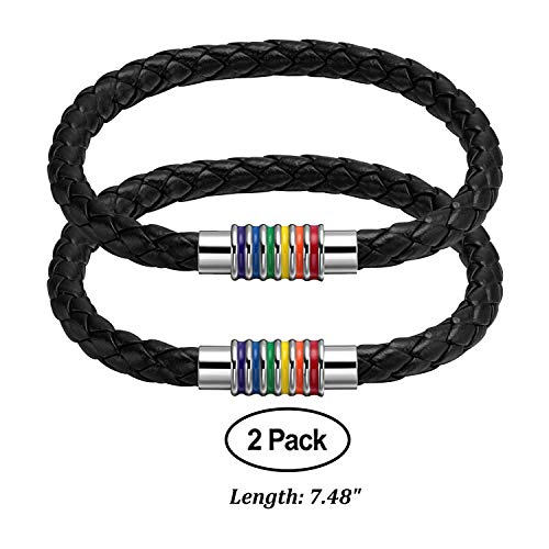 Nanafast Stainless Steel Magnetic Rainbow LGBT Pride Braided Bracelet PU Leather Weave Plaited Jewelry 2 Pack Black 7.48"
