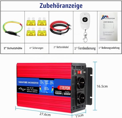 ETREPOW Inverter 1000 W 12 V to 230 V Pure Sine Wave Voltage Converter with 2 EU Sockets and a 2.1 A USB, Wireless Remote Control, LCD Screen and 2 Fans Peak Power 2000 W Car Converter