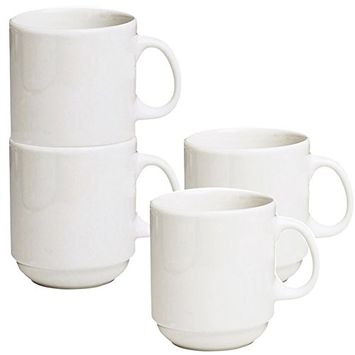 Stackable Ceramic Diner Coffee and Tea Mugs with Pan Scraper, 12 Ounce (4-Pack, White Ivory)