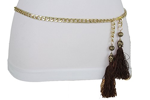 TFJ Women Skinny Gold Metal Chains Fashion Belt Hip High Waist Brown Tassel Fringes M L XL
