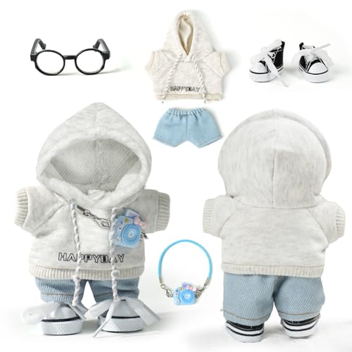 17cm Doll-Clothes-Outfit-Set,6PCS Casual Style Designer Doll Clothing Accessories for 17cm Dolls Boys-Hoody+Jeans+Small Camera+Glasses+Canvas Shoes(No Doll)