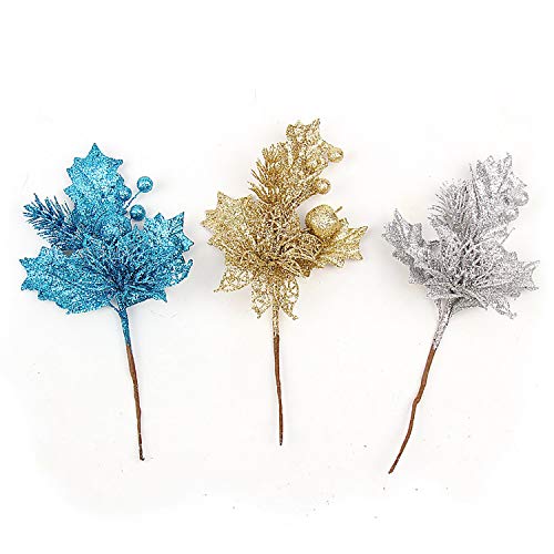 cozyou (Pack of 6) Glittery Artificial Berry Picks for Wedding Holiday Christmas Tree Wreath Garland Decorations, Silver