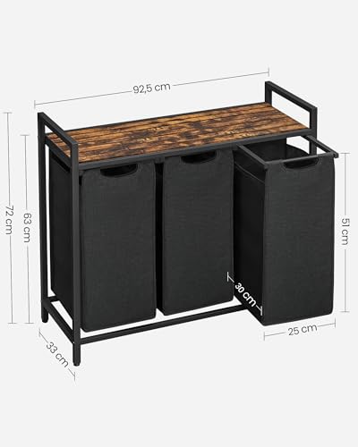 VASAGLE Cesto para Ropa Sucia, Cesta Colada, 3 Bolsas Colada de Tela Oxford, 3 x 40 L, 92.5 x 33 x 72 cm, Negro Tinta y Marrón Rústico MBLH301B01V1