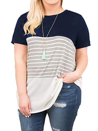 VISLILY Women's T-Shirts Plus Size Short Sleeve Striped Tunic Tops Blouses Navy 24W