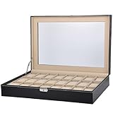 VALYRIA 24 Mens Watch Box Large Black Leather Watch Case Glass Top Jewelry Display Organizer
