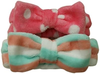 Joyden Fashion Korean Style Girls Elastic Lace Cute Bow-knot Hair Band Bow Headband Mask Wash Face Make-up Bath Shower Hairband (Rose Red Spots& Orenge Green Stripe)