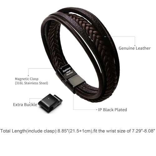 murtoo Mens Leather Bracelet with Clasp Cowhide Multi-Layer Braided Leather Mens Bracelet