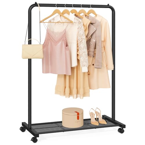 SONGMICS Clothes Rack with Wheels, Clothing Rack for Hanging Clothes, 25.4 mm Thickened Pipe Garment Rack with Dense Mesh Storage Shelf, 110 lb Load Capacity, 2 Brakes, Steel Frame, Black UHSR25BK