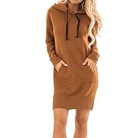 Libermall Womens Oversized Warm Solid Color Hoodie Long Sleeve Casual Pullover Long Sweatshirt Dress Outwear with Pocket Khaki