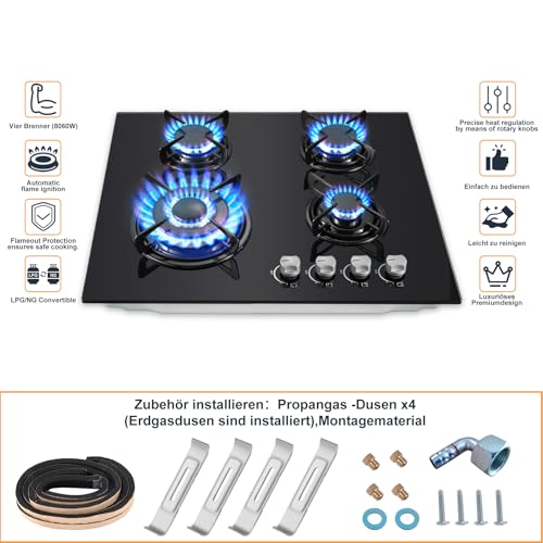 TopStrong 4 Burner Gas Hob, Built-in Glass Gas Hob, Flame-Out Protection, Natural Gas/Propane, 8060W, Black, 220-240V