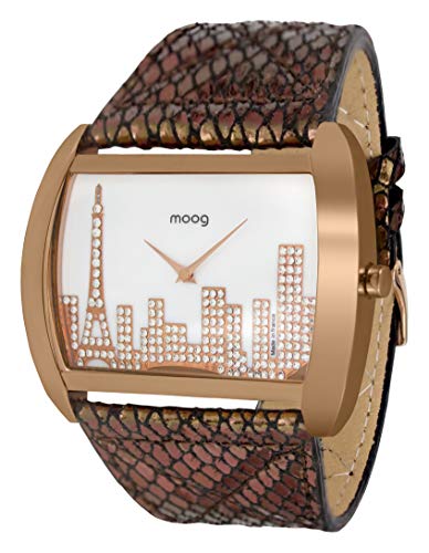Moog Paris Skyline Women's Watch with White Mother of Pearl Dial, Black & Rose Gold Genuine Leather Strap & Swarovski Elements - M41882-002
