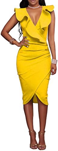 Metisy Ruffle V Neck Summer Dresses Casual Sexy Knee Length Bodycon Elegant Dress Sleeveless Women Vestidos Yellow S