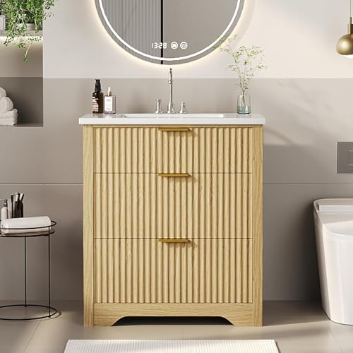 Farmhouse Bathroom Vanity 30", Fluted Freestanding Cabinet with Sink, 2 Drawers, Flip-Down Drawer, Natural Oak, Easy to Clean Natural Wood