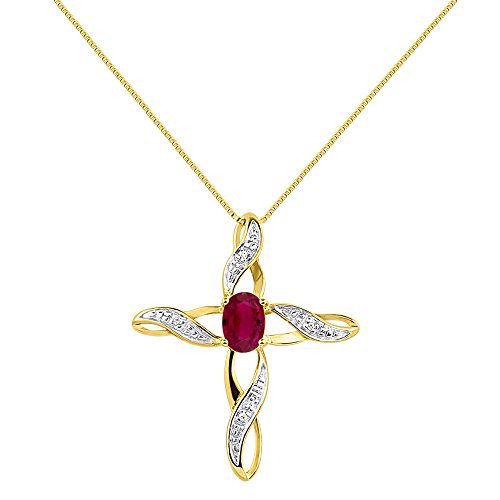 Diamond & Ruby Cross Pendant Necklace Set In Yellow Gold Plated Silver .925