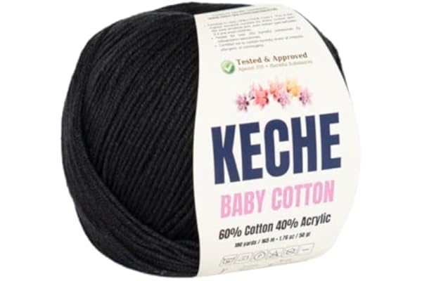 Keche Cotton Yarn, 60% Cotton 40% Acrylic Yarn, Soft Cotton Yarn for Crochet and Knitting, Amigurumi Yarn 1 Skein/Ball 1.76 Oz (50g) / 180 Yrds (165m) - Black