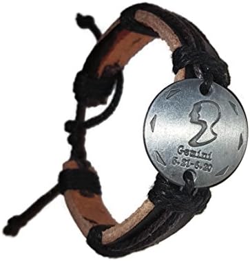 Pewter Coin Zodiac Adjustable Unisex Leather Bracelet with Metal Zodiac Sign Logo Charm Silver Tone (Gemini)