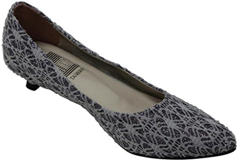 JI Y WMR 320 Women's low kitten heel slip on glitter fashion lace pointy toe mesh Embroider heels Pewter 7