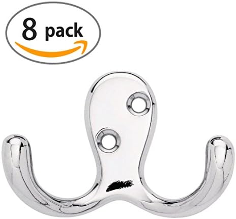Ambipolar Heavy Duty Decorative Double Prong Robe Hook - Wall Mounted (Screws Included) Chrome, 8 pack