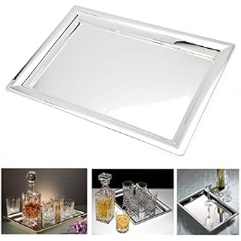 Le'raze Elegant Mirrored Rectangular Silver Tray, Mirrored Tray for Whiskey Decanter, Candle Sticks, Vanity Set, and Serving