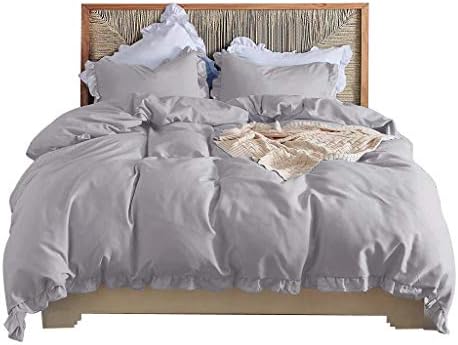 Rossifa 寝具カバー フリル付き シングル 布団カバー 3点セット ベッドカバー 掛け布団カバー ボックスシーツ 敷き布団カバー 国際ブランド 枕カバー ピーチスキン加工 かわいい シングル3点 速乾 グレー シーツカバー 防ダニ ピローケース 肌に優しい