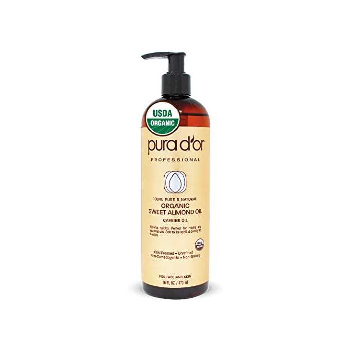 PURA D'OR Organic Sweet Almond Oil (16oz) USDA Certified 100% Pure & Natural Carrier Oil - Hexane Free - Skin & Face…