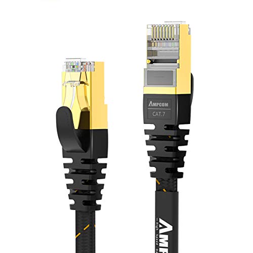 AMPCOM CAT7 Ethernet Cable (10G 600MHz), Shielded Flat RJ45 Network Patch Cord, 50u Gold Plated Lead, Polyester Braided - 16ft Black