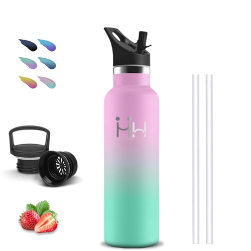 Thermosflasche- 0.5 liter- Trinkflasche Edelstahl, Trinkflasche mit Strohhalm, BPA-Frei, Thermosflasche Auslaufsicher, 24h Kalt & 12h Warm, Wasserflasche Doppelwandig, für Schule, Reisen, Camping