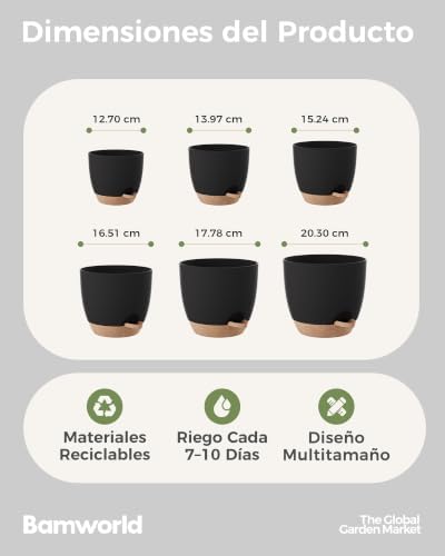 Macetas Autorriego de Interior, Tiesto de Plástico con Base Integrada, Pack de 6 (20/18/17/15/14/13 cm), para Cocina, Balcón, Jardín y Vivero Interior macetas Negro