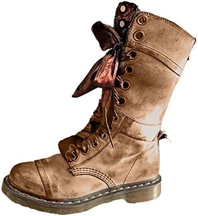 Crazboy Women's Retro Shoes Leather Middle Boot Non-Slip Round Toe Lace-Up casul Boots