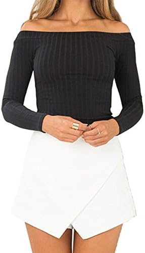 Noih Women's Long Sleeve Slim Fit Off Shoulder Rib-Knit Crop Pullover Tops, Black, Small