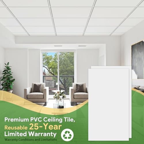 2ft x 4ft Smooth White Ceiling Tiles for Suspended Ceiling Grid, Waterproof, Fire-Rated and Reusable Drop Ceiling Tile - Box of 10 (80 sq. ft.)