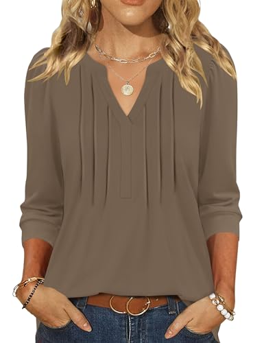 LOMON Spring Tops for Women V Neck Puff Sleeve Womens 3/4 Sleeve Tops and Blouses Work Shirts Plus Size Summer Outfits Coffee XXL at Amazon