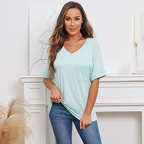HELLOPOPGO WOMENS T SHIRTS SHORT SLEEVE LOOSE TEE TOPS CASUAL V NECK TSHIRTS (X-LARGE,LM01_LIGHT GREEN)