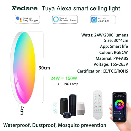 Redare Alexa Smart Ceiling Light,RGBIC Wifi Ceiling Lamp,30cm 24W Dimmable LED Color Changing Ceil Lamp Compatible with Alexa Google Home,Flush Mount Light Fixture for Bedroom,Kitchen (WiFi, White)