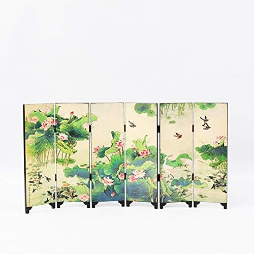 6 Panel Lacquer Painting Small Folding Screen Lotus Flower Home Decoration Desktop Divider or as a Gift (White)