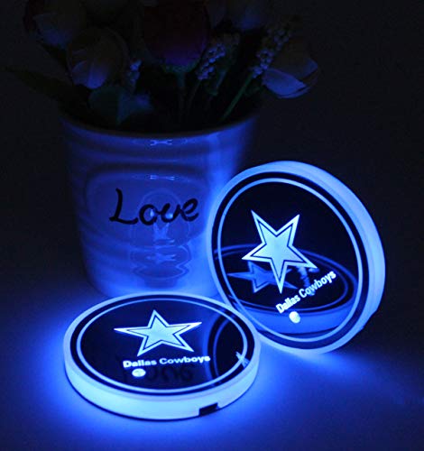 2pcs LED Car Cup Holder Lights for NFL-Dallas Cowboys, 7 Colors Changing USB Charging Mat Luminescent Cup Pad, LED Interior Atmosphere Lamp,We are More Loyal Fans
