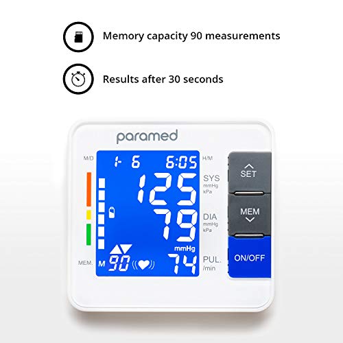 Wrist Blood Pressure Monitor by PARAMED: Automatic Blood-Pressure Kit of Bp Cuff Machine + 2AAA and Carrying Case - Large LCD Display with Backlight & 90 Sets Memory - FDA Approved