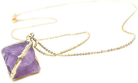 Flourishbeads Natural Purple Color Fluorite Rhombus Cubic Square Stone Pendant Linked Chains Necklace