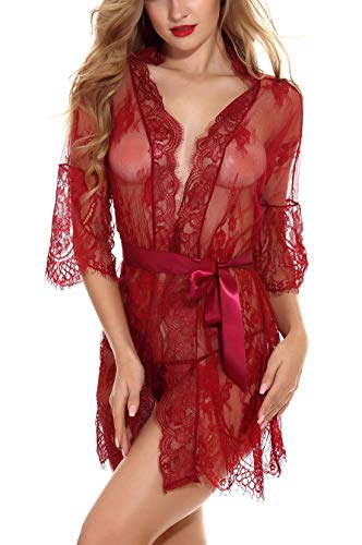 FEOYA Damen Gown Dessous Kimono Spitze Robe Mesh Bikini Cover up Spitze Bat Negligee Lingerie set – Bild 3
