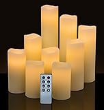 Flameless LED Candles with Wax Stain Guard Set of 9 Ivory Real Wax Battery Operated Unscented Pillar with Remote Control for On or Off Flickering or Steady Dimmer and Timer H 4